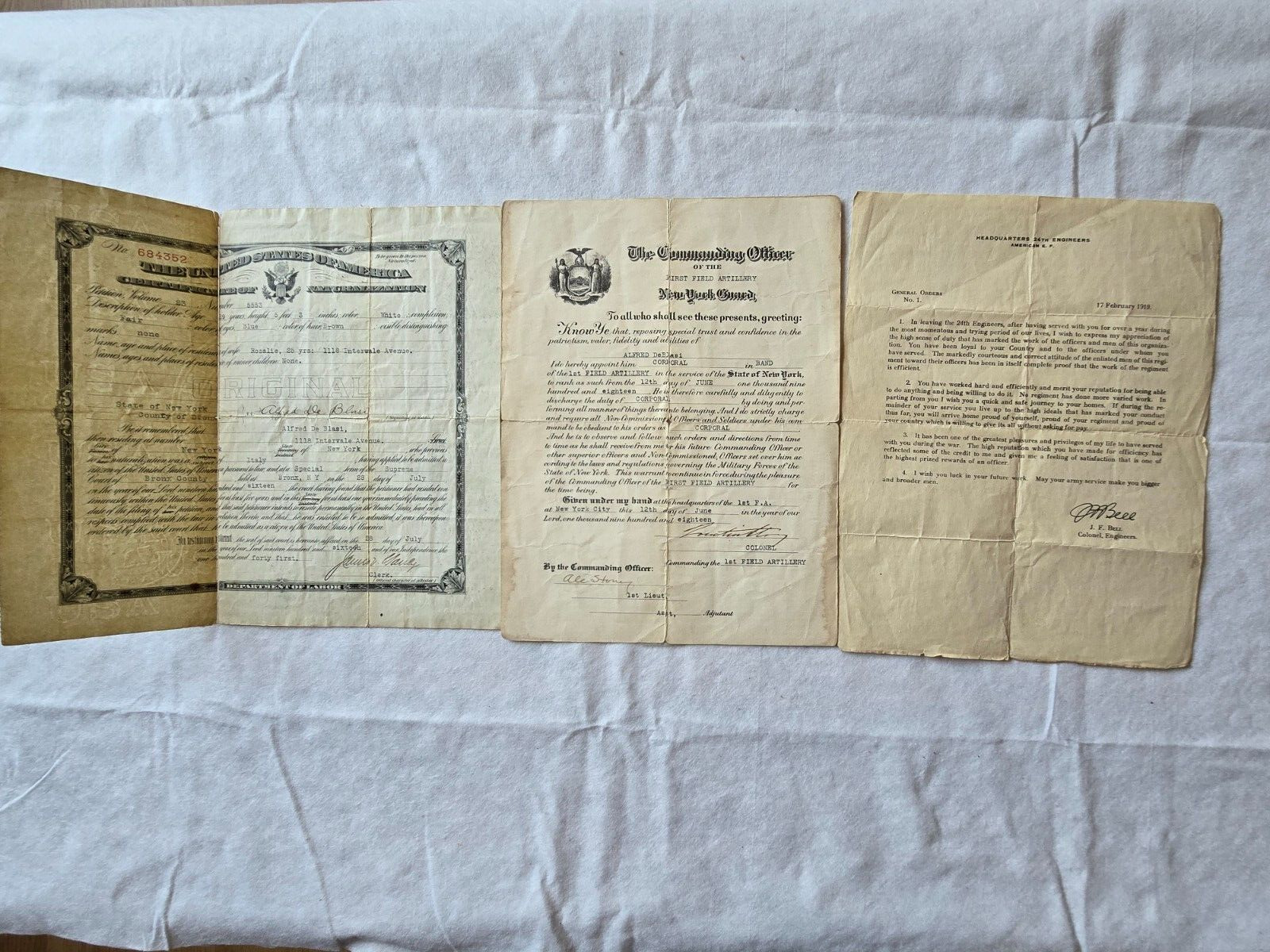 LOT OF 3 ANTIQUE WWI ERA DOCUMENTS CERTIFICATE OF NATURALIZATION NY GUARD