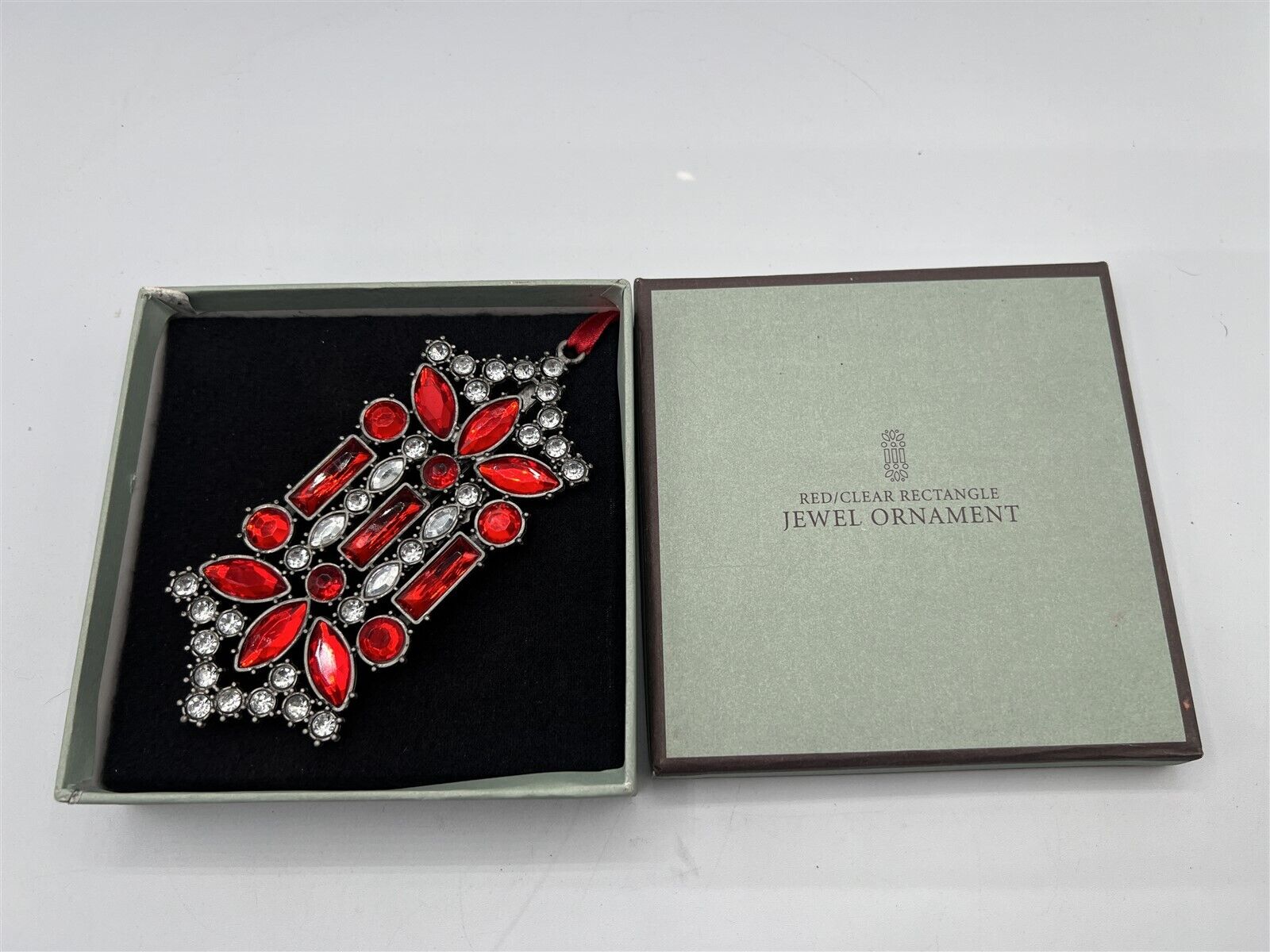 RESTORATION HARDWARE RED / CLEAR RECTANGLE JEWEL ORNAMENT NEW IN BOX