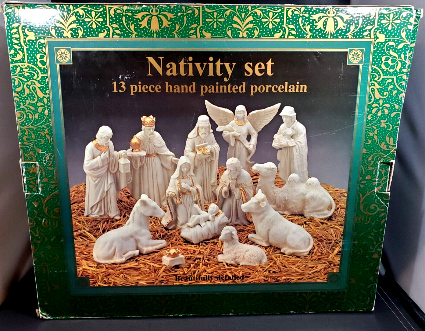 Vintage Caffco 13 Piece Hand Painted White Gold Porcelain Nativity Set
