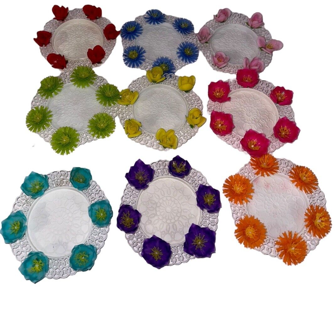 Vintage Florart Plastic Floral Coasters Set Of 9 White Multicolor Plastic Lace