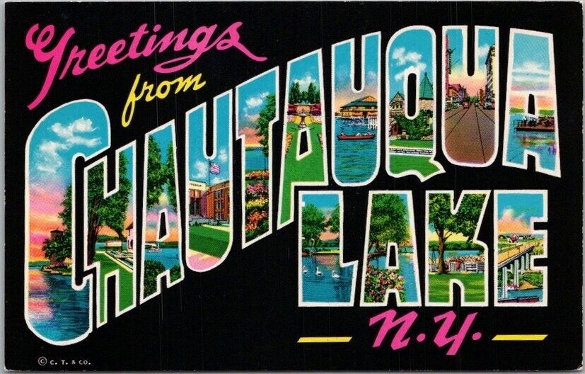 CHAUTAUQUA LAKE, New York Large Letter Postcard Curteich CHROME c1970 Unused