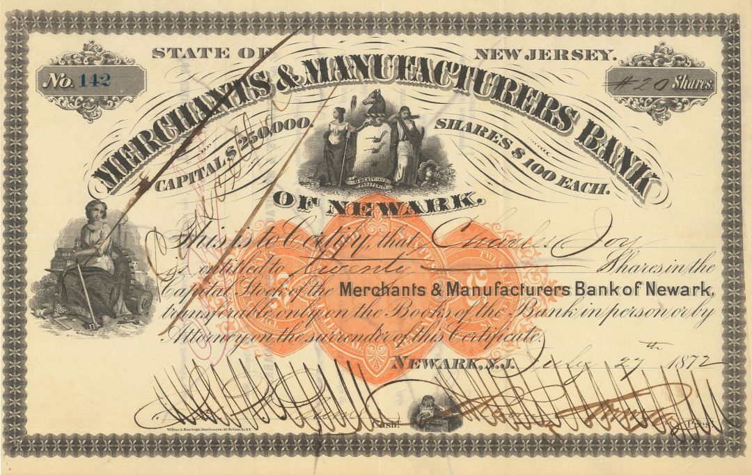 Merchants and Manufacturers' Bank - Stock Certificate - Banking Stocks