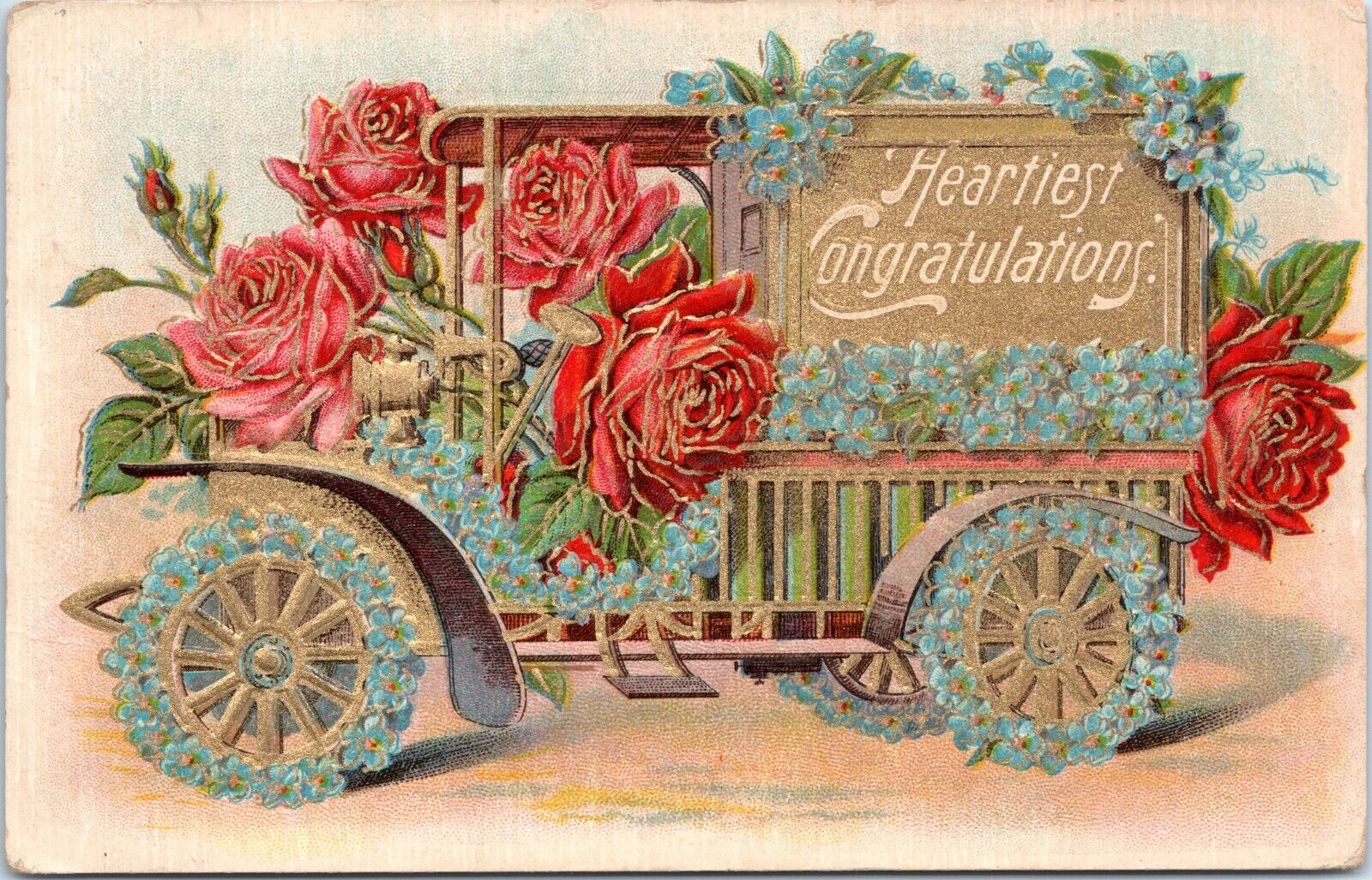 1909 Greetings Postcard - Heartiest Congratulations - Floral Car Truck Roses