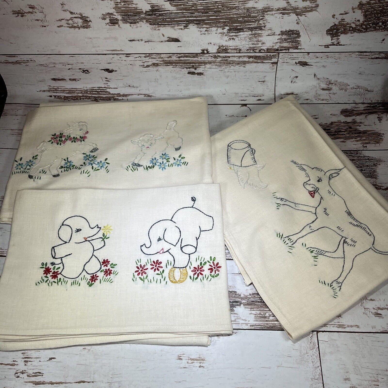 Vintage MCM Embroidered Animal Dish Towels Lot Of 3