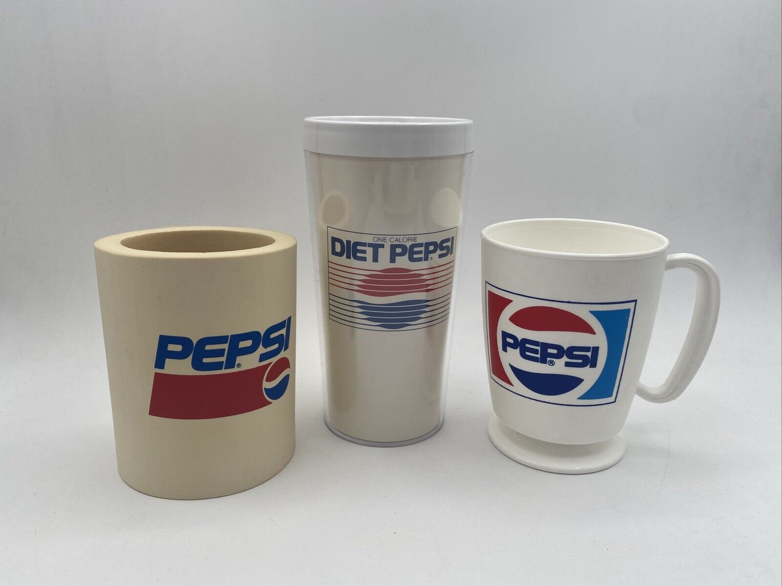 Set Of 3 VTG Pepsi Insulated Cup Coozie Plastic Mug USA Diet One Calorie