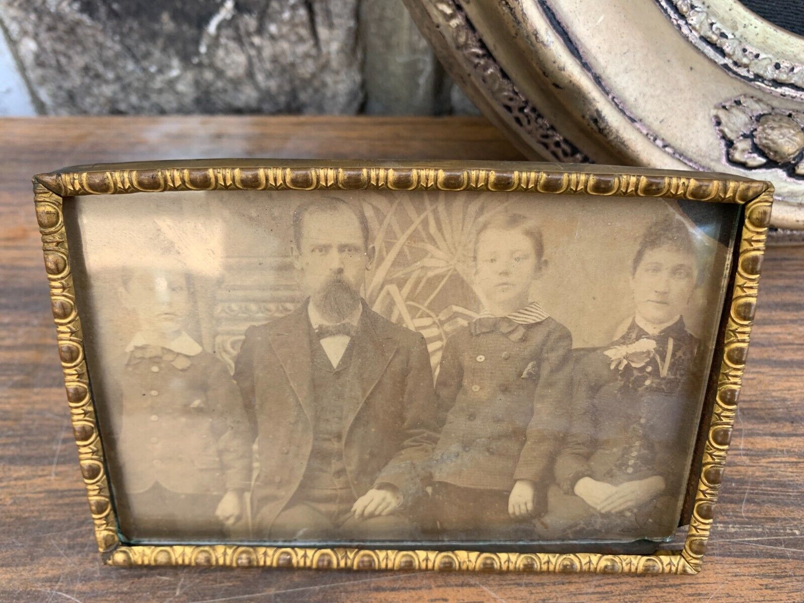 Antique late 1800's Brass Picture Frame Family Portrait Photo Black & White 5X4