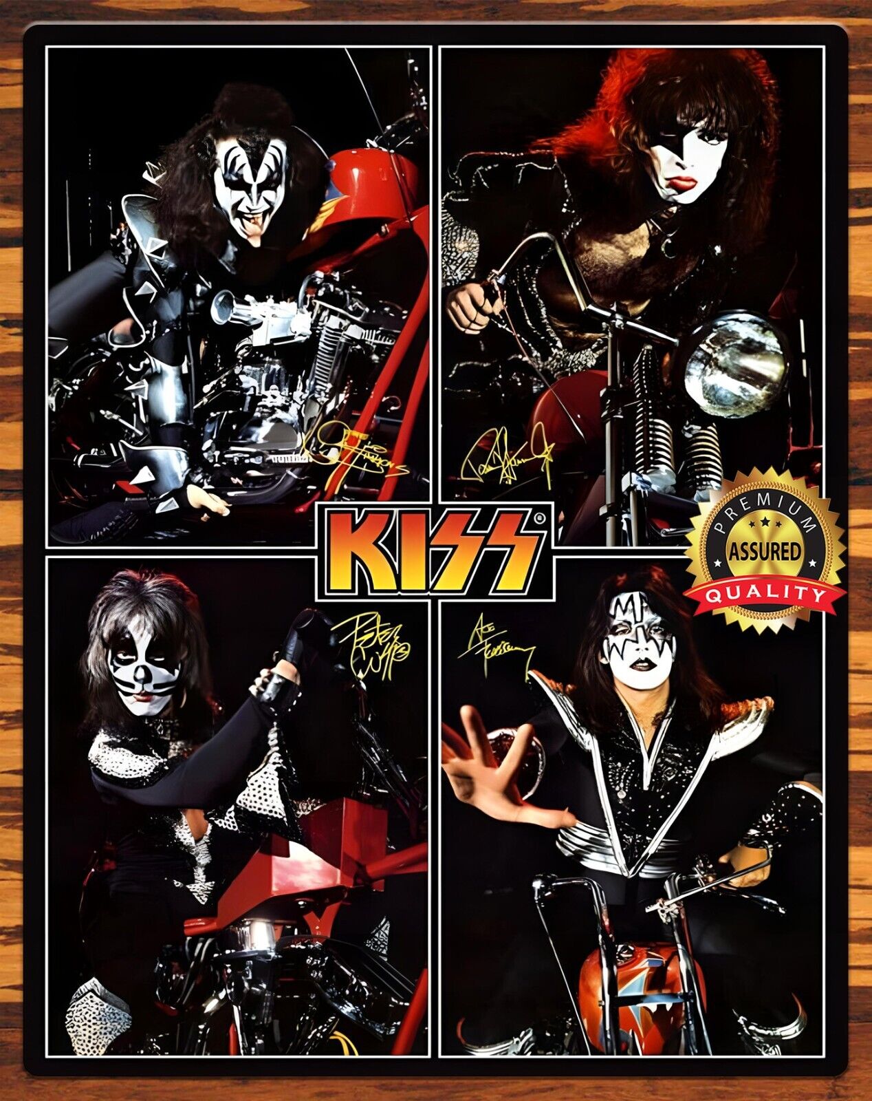 Kiss - Paul, Gene, Ace, Peter - Motorcycle Signed Reprint - Metal Sign 11 x 14