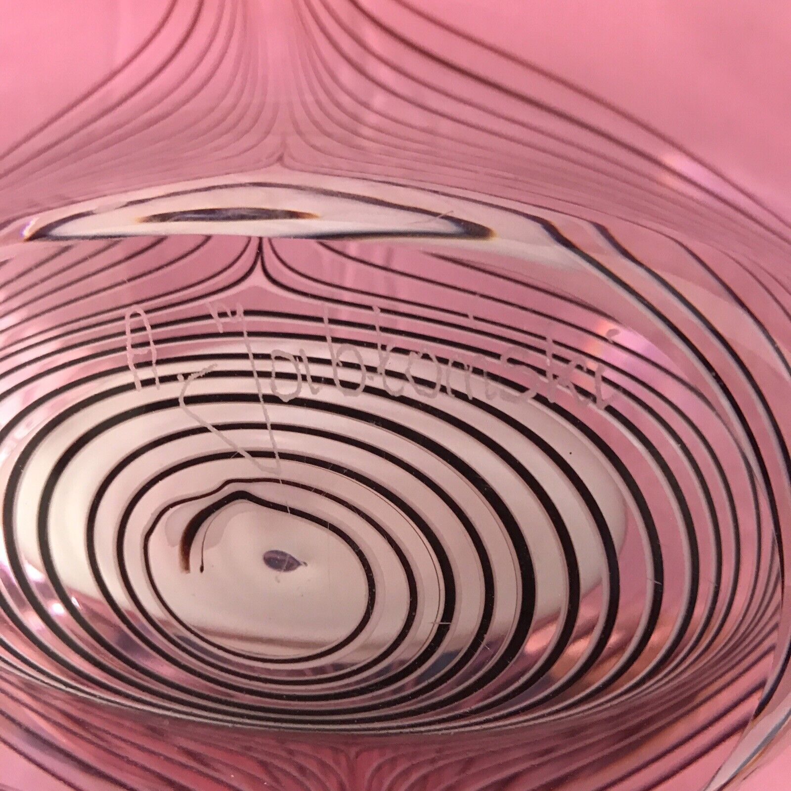 Adam Jablonski Art Glass Large Centrepiece 16” Pink Swirl Design Signed Unique