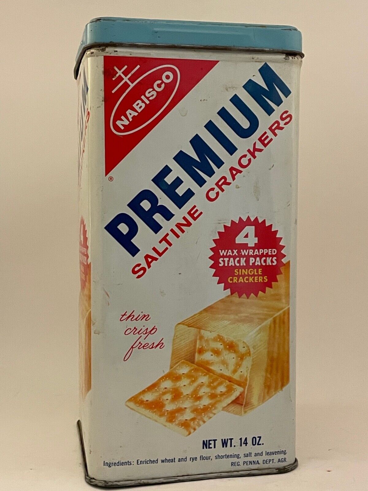 Vintage Nabisco Saltine Cracker Tin Premium 14 oz. blue lid empty