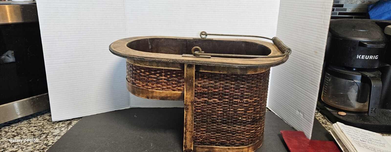 Vintage Wood,Metal And Wicker Stair Step Basket. Great Condition.
