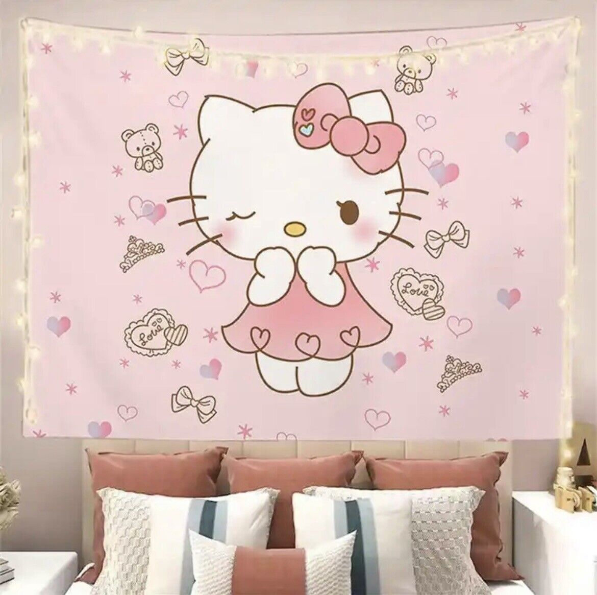 Pink Hello Kitty Kawaii Cartoon Bedroom Wall Decor Tapestry Poster