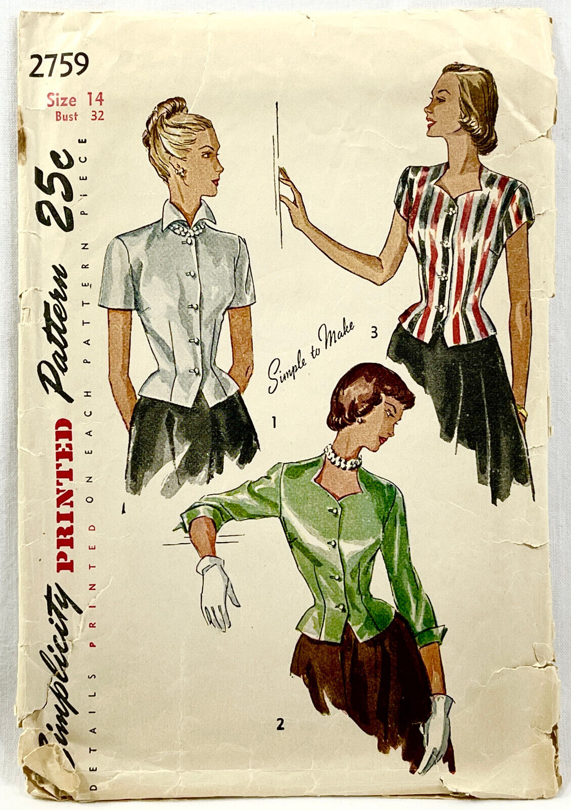 1949 Simplicity Sewing Pattern 2759 Womens Blouse 3 Sleeves Sz 14 Vintage 11284