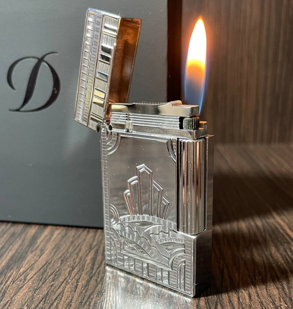 S.T. DUPONT Gas Lighter Silver City Ligne 2 with Box Working France Dupond