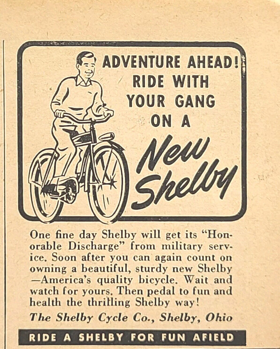 The Shelby Cycle Co Ride With Your Gang Bicycle Post War Vintage Print Ad 1945