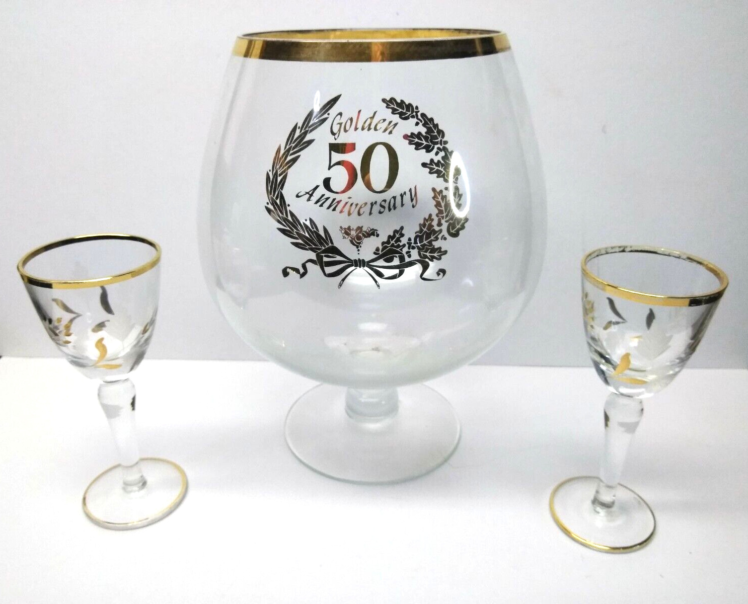 Golden 50th Anniversary  Large Wine Glass w/ Two Smaller Champagne Glasses