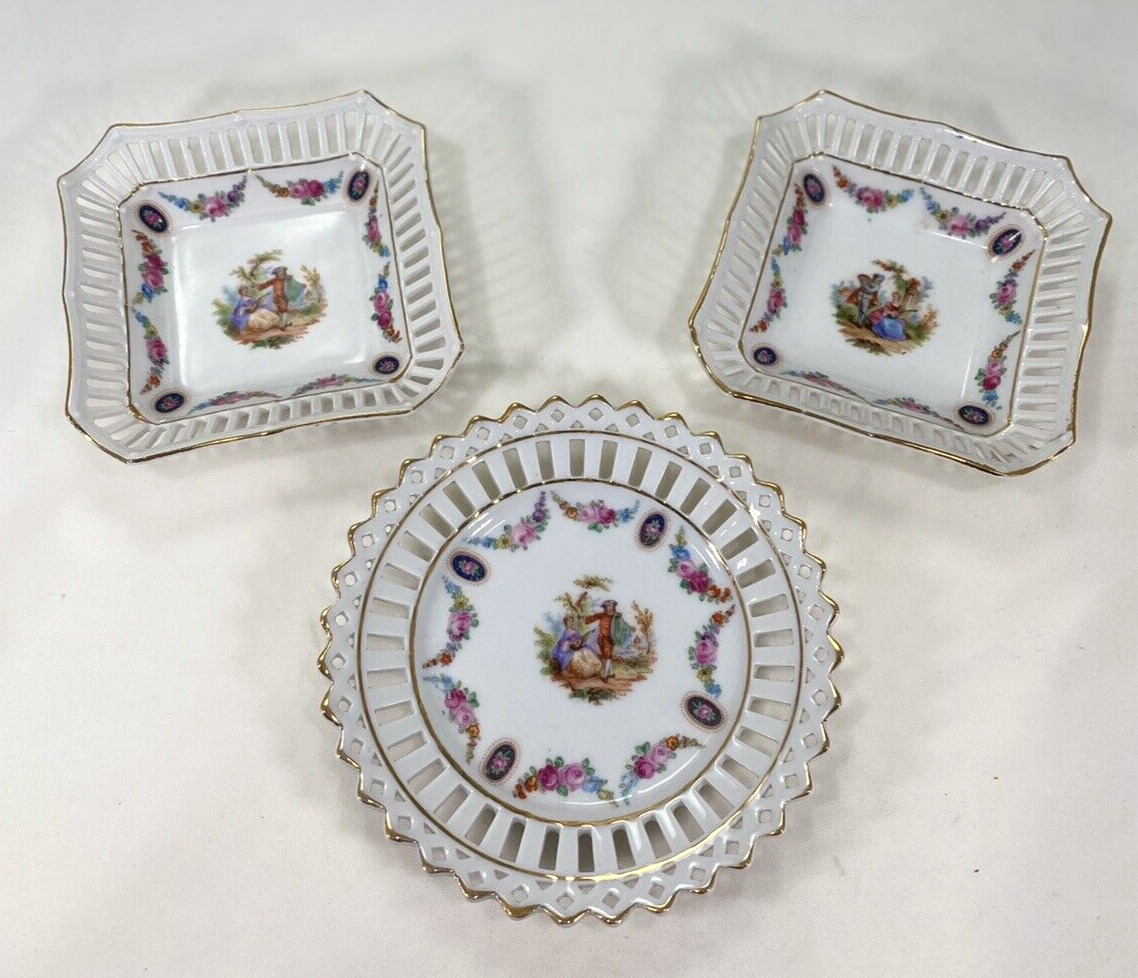 3 Vintage Schumann Bavaria Reticulated Porcelain Courting Couple Flowers Gold