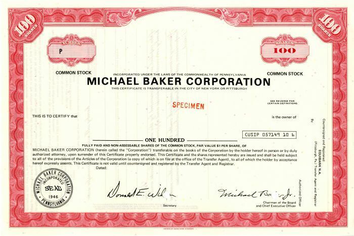 Michael Baker Corporation - Specimen Stocks & Bonds