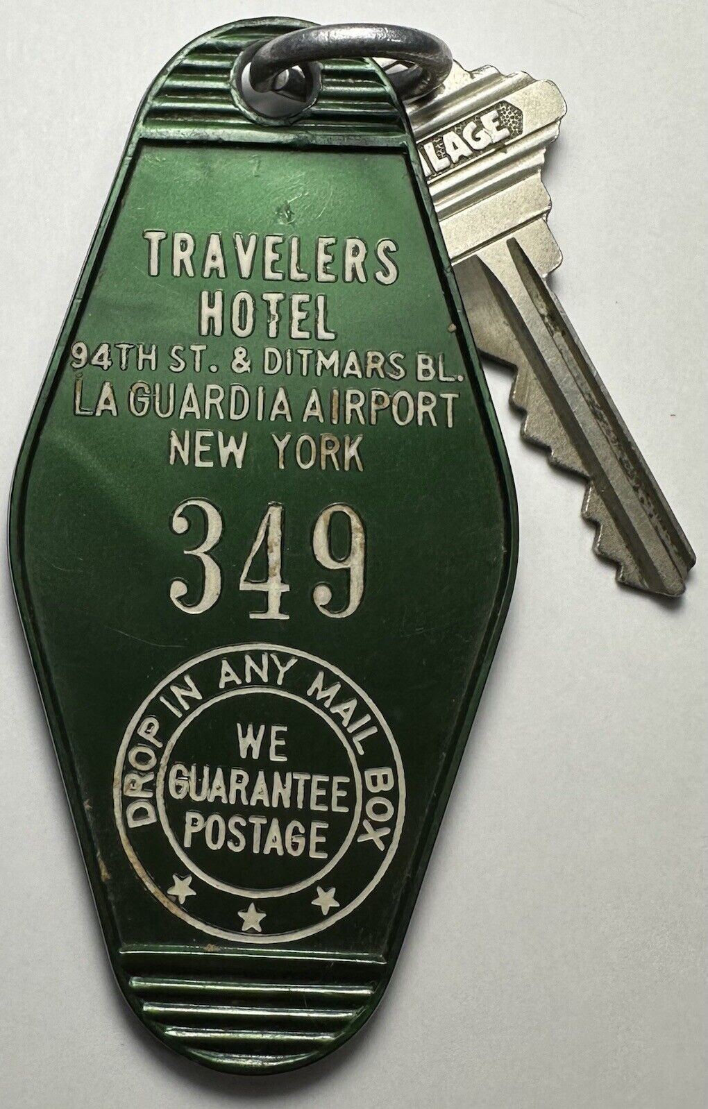 Vintage 1960s TRAVELERS HOTEL LA GUARDIA AIRPORT Room Key & Fob #349 New York NY