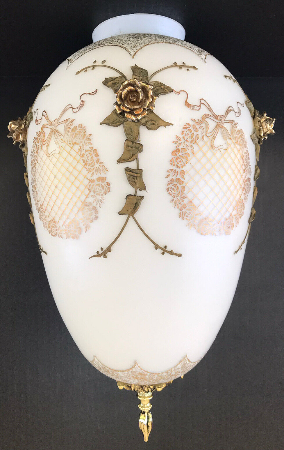 Vintage Glass Swag Lamp Shade 17” Large White Satin Gold Gilt Hollywood Regency