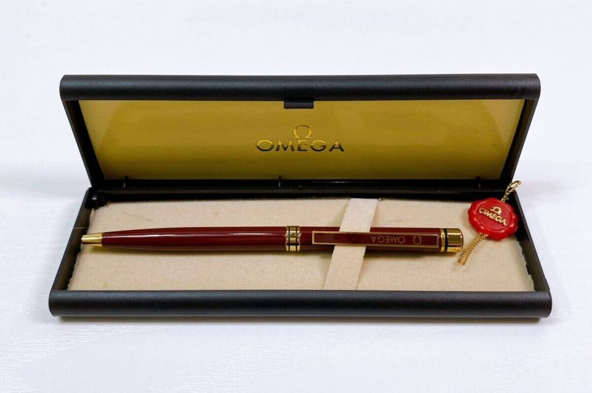 OMEGA Watch Novelty Bordeaux Red/Gold Twisted Ballpoint Pen wz/Box Super Rare