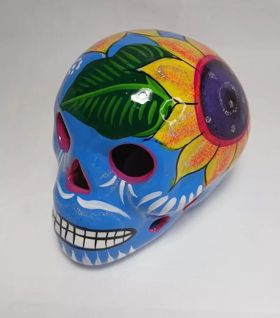 Authentic Mexican Hand Painted Glossy Ceramic Sugar Skull 6” \