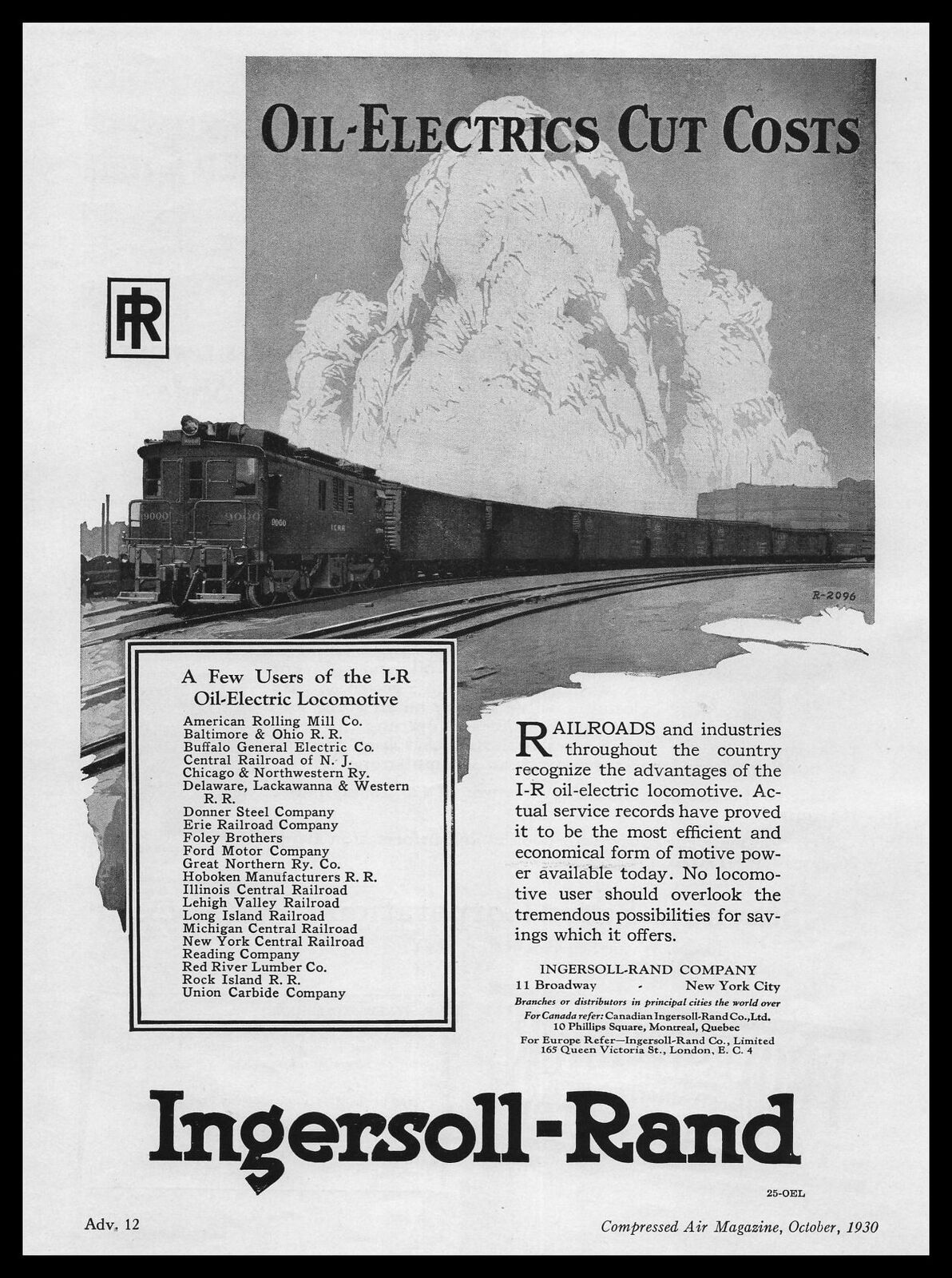 1930 Ingersoll Rand Oil Electric Locomotive Photo Freight Train Vintage Print Ad
