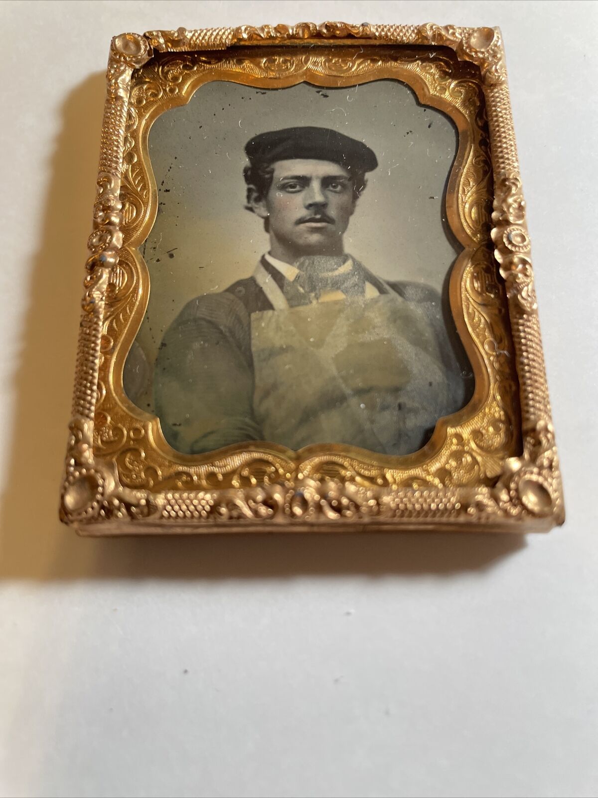1/9 Plate Ambrotype WORKER APRON COLORED CHEEKS MUSTACHE TAM CAP,BOW TIE