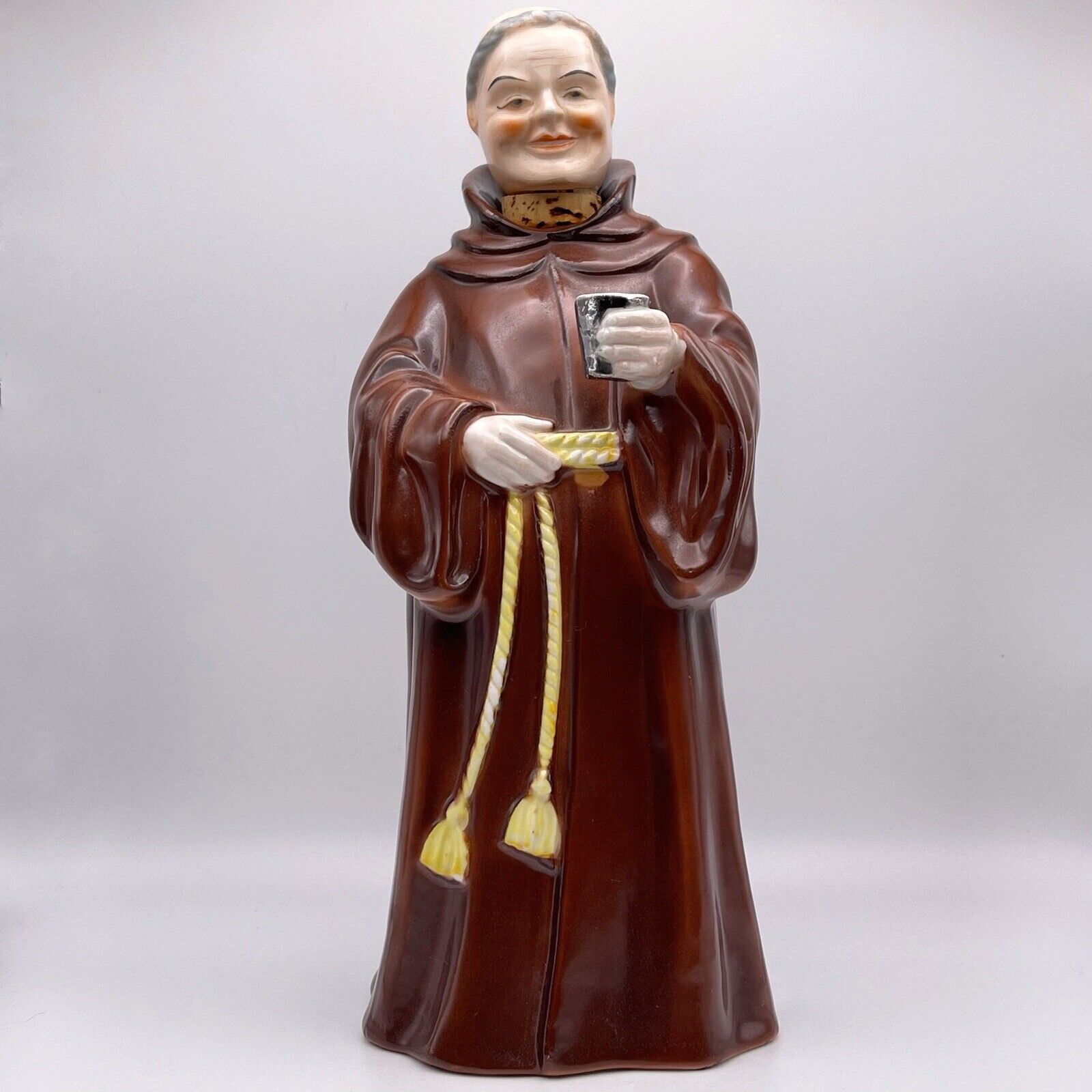 Vintage MCM Porcelain Franciscan Friar Tuck Monk 9” Decanter with Cork Stopper