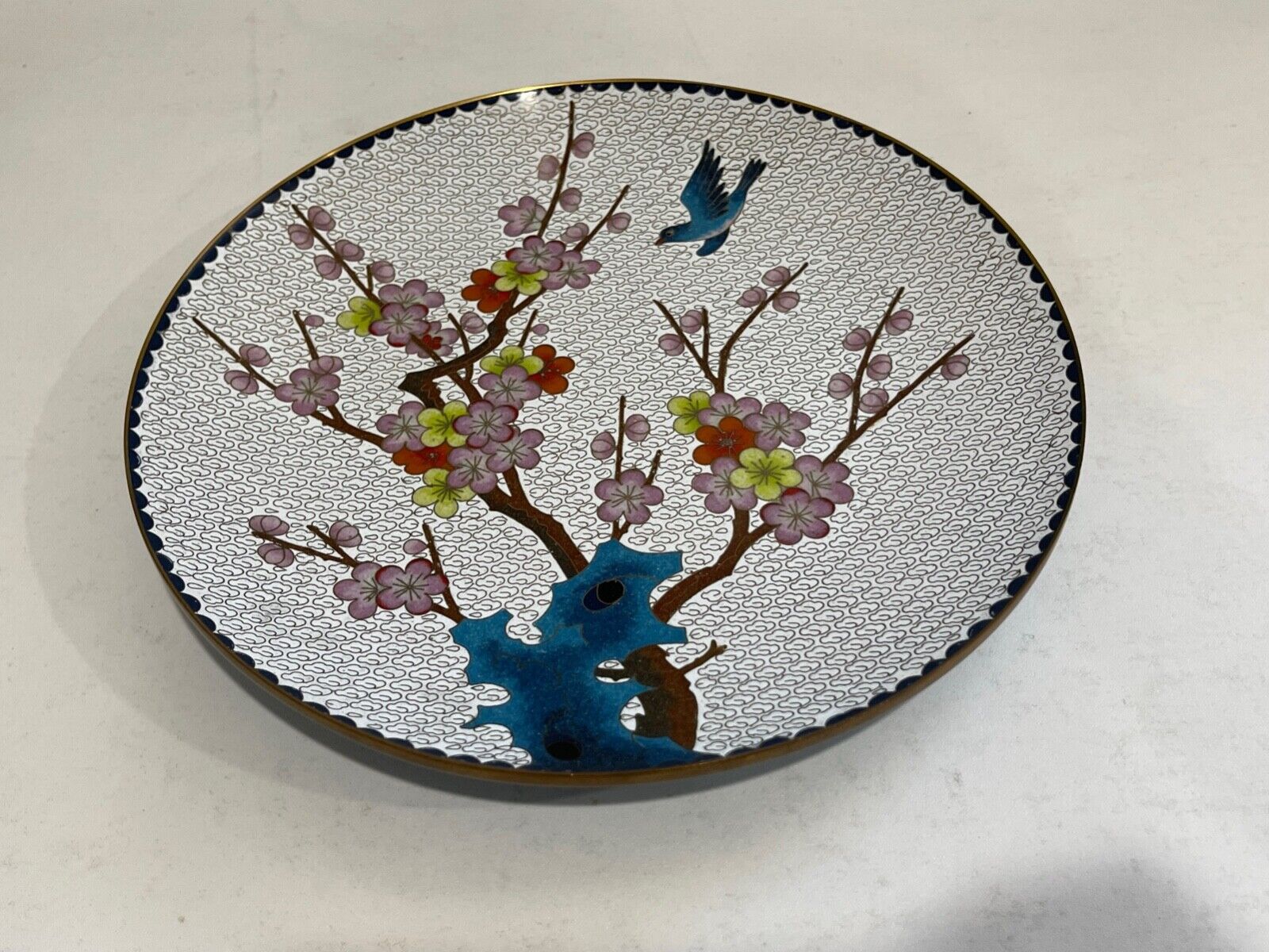 Possibly Vintage Chinese White Cloisonne Plate w/ Flowers on Tree & Bird Dec.