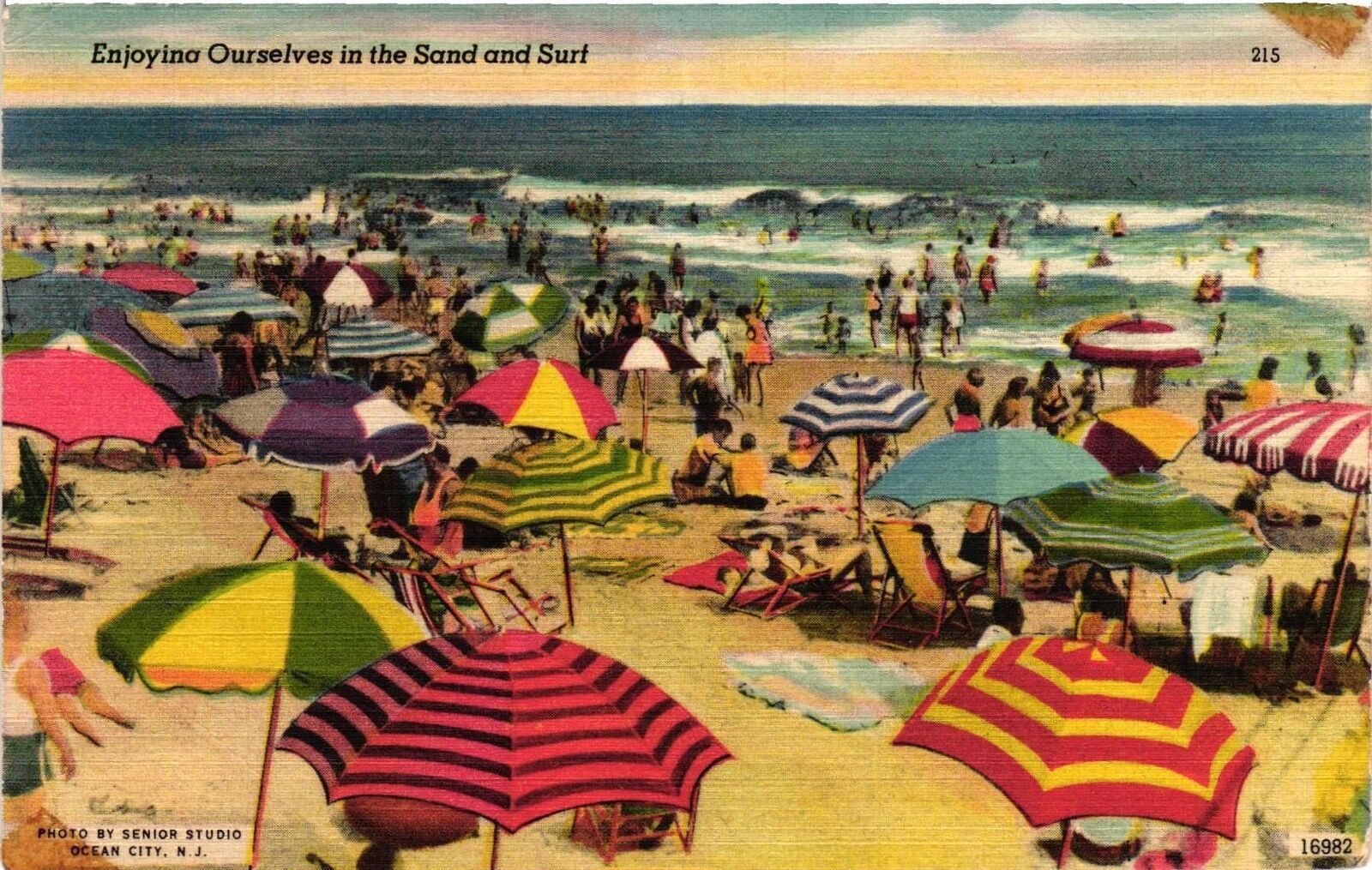 Vintage Postcard- Crowded beach with umbrellas