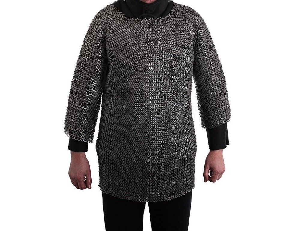 Medieval Mild Steel 9 mm Chainmail Flat Ring Riveted Reenactment Armor Shirt (S)