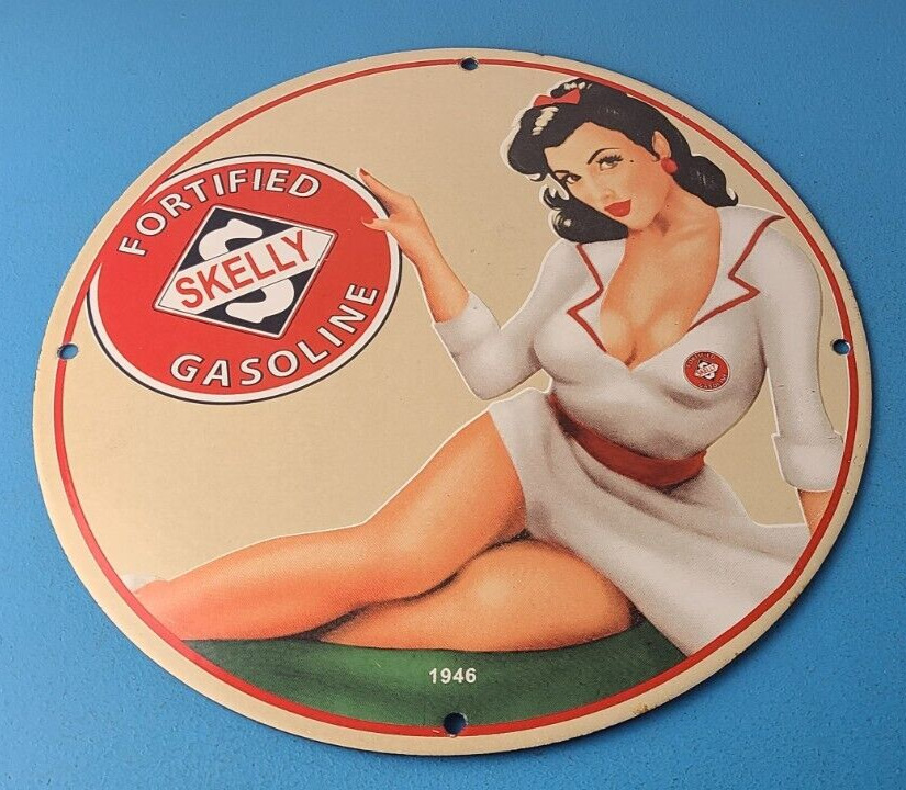 Vintage Skelly Gasoline Sign - Gas Attendant Service Station Pump Porcelain Sign