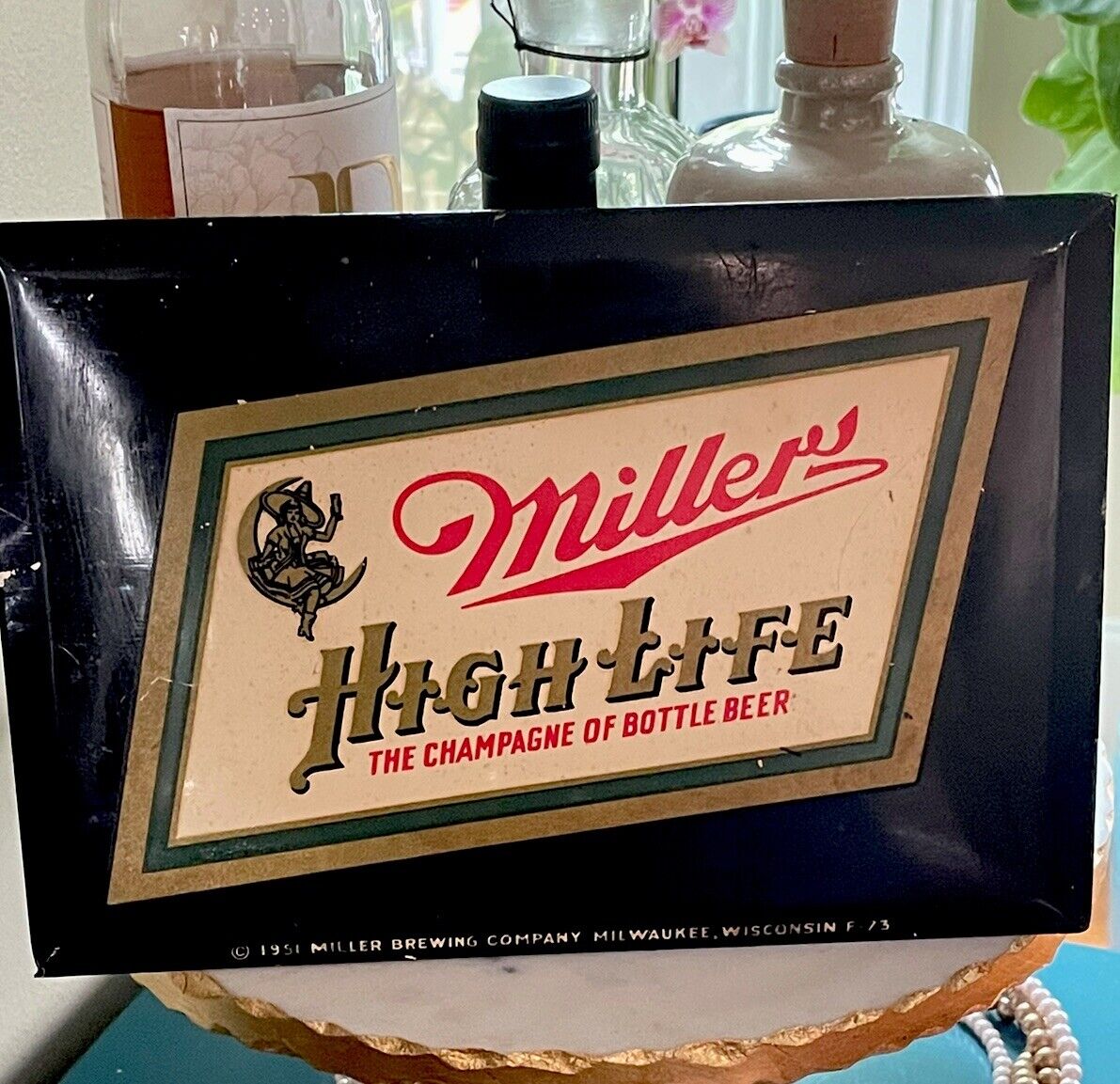 Original 1951 Miller High Life Beer Tin Over Cardboard Advertising Sign RARE