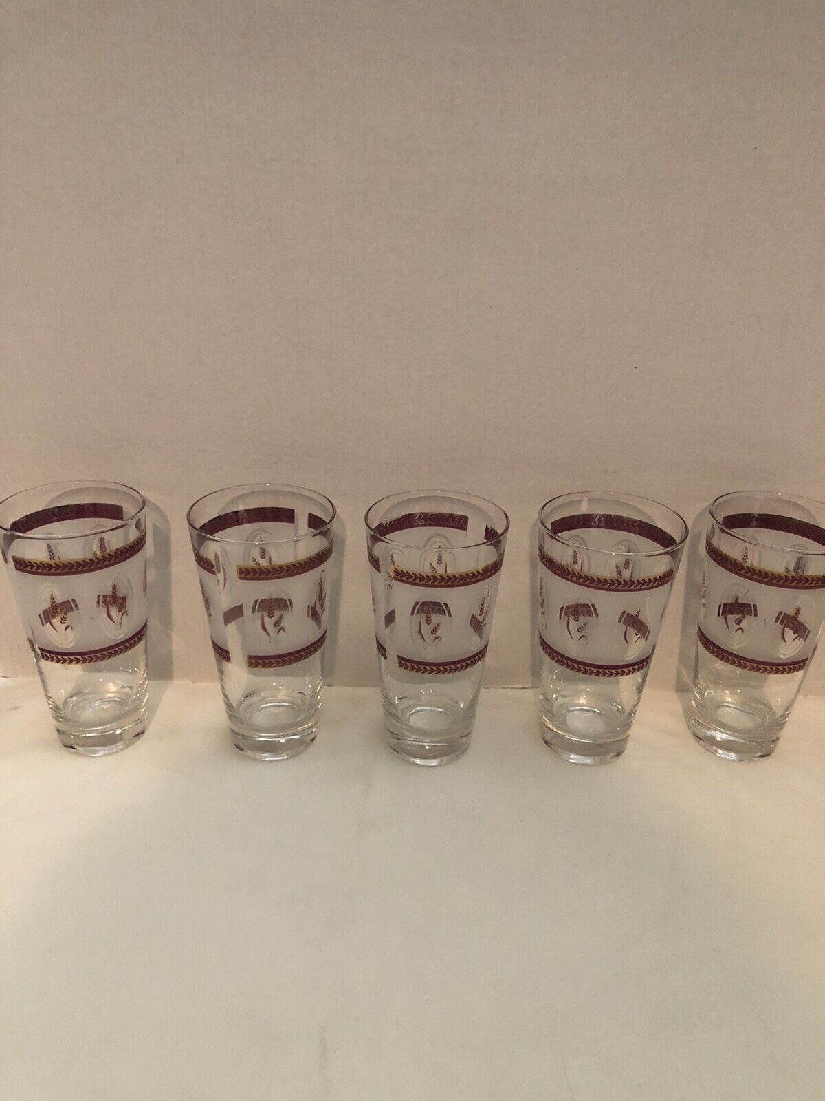 Vintage Gold Tumbler Mcm Wheat Pattern Frosted Cranberry Pink Glass Set Of 5
