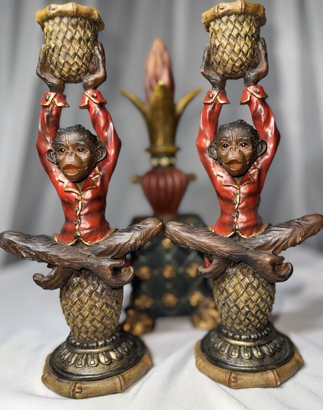 Vintage Bill Huebbe Style Butler Monkey in Red Coat Candle Holders Heavy Resin