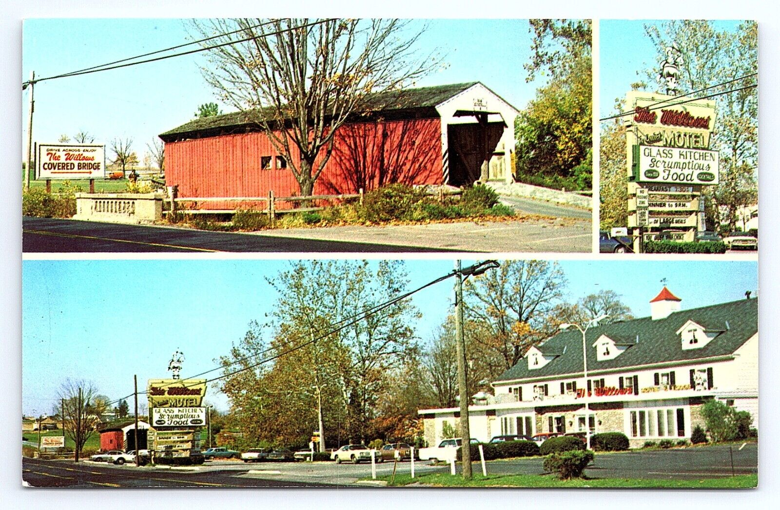 Postcard Glass Kitchen Willows Motel Lancaster PA Covered Bridge Amish Farm