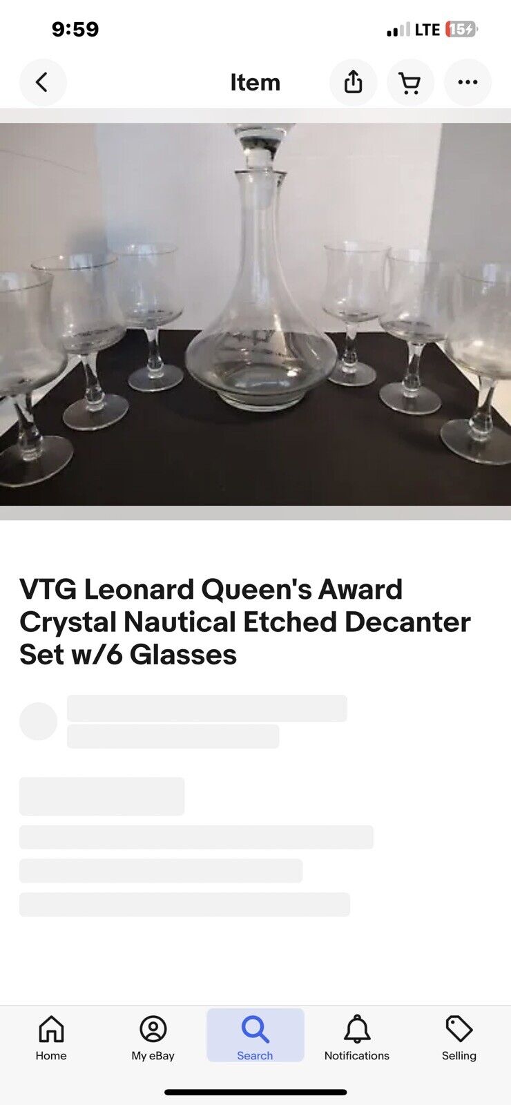 VTG Leonard Queen's Award  Crystal Nautical Etched Decanter Set w/6 Glasses