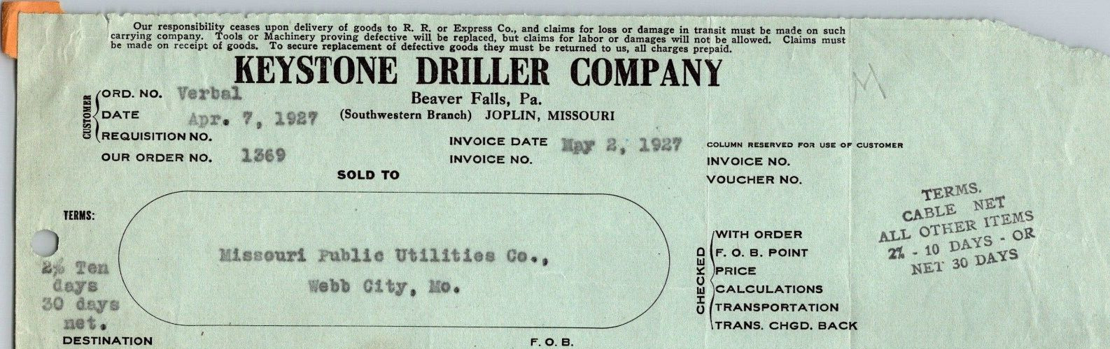 ANTIQUE 1927 KEYSTONE DRILLER COMPANY BILLHEAD BEAVER FALLS PA JOPLIN MO BL57