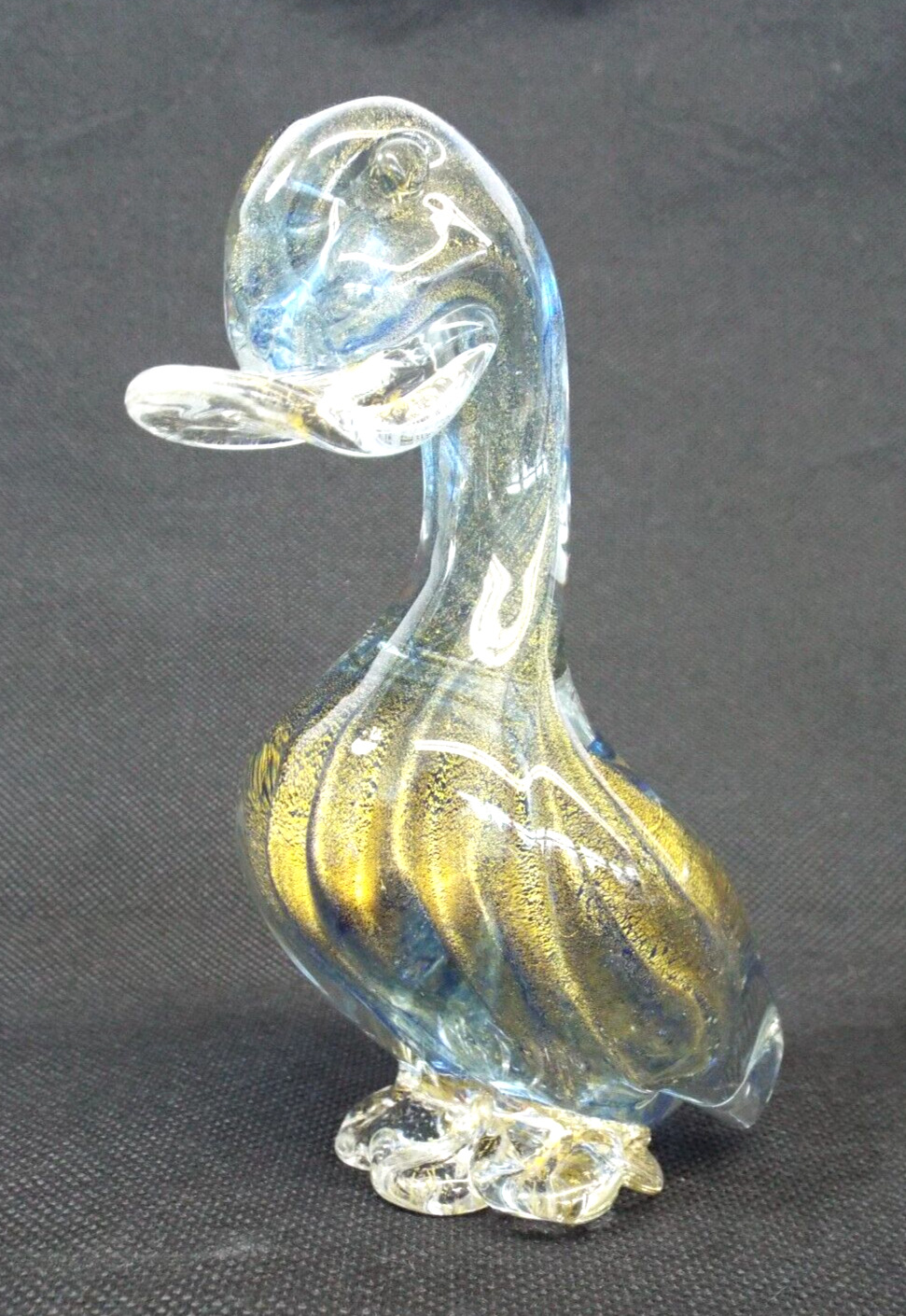 Vintage MURANO Clear Art Glass Duck Figurine STICKER Italy Blue Gold Flecks