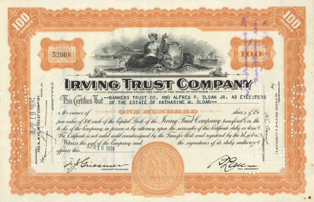 Irving Trust Co. Issued to but not Signed by Alfred P. Sloan Jr. - 1934 dated Ba