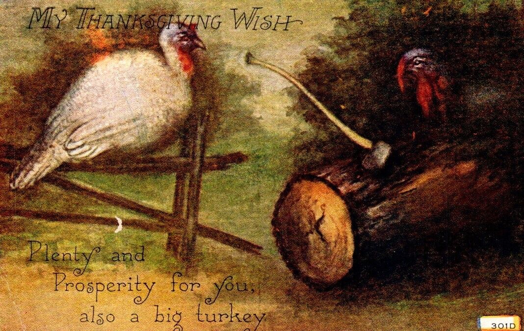 Thanksgiving Greetings Turkey Axe Autumn Fall Vintage Posted 1915  Postcard