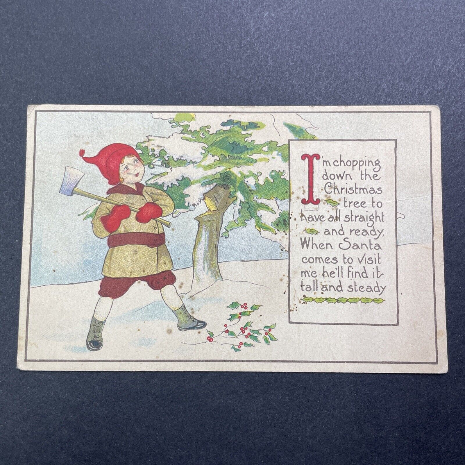 Antique 1924 Child Chopping Down A Christmas Tree With Axe Postcard V3475