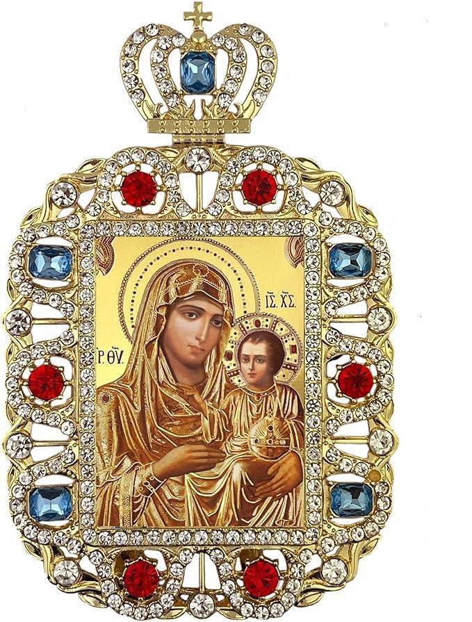 Virgin of Jerusalem with Christ Gold Tone Easel Back Crowned Framed Icon 5.75 In