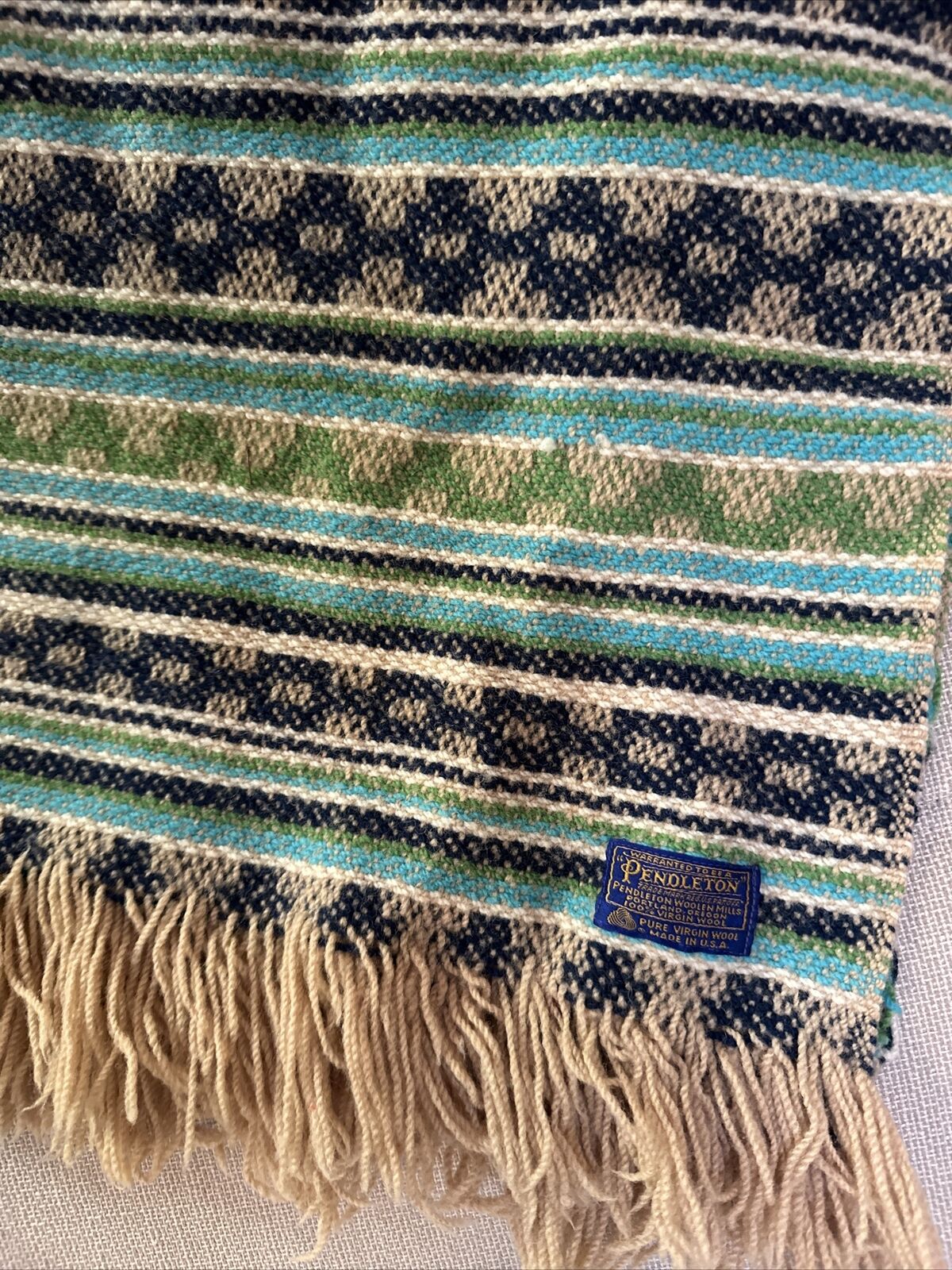 Vtg 60s-70s Pendleton 100% Virgin Wool Woven Fringe Throw Blanket 52x54” Blue