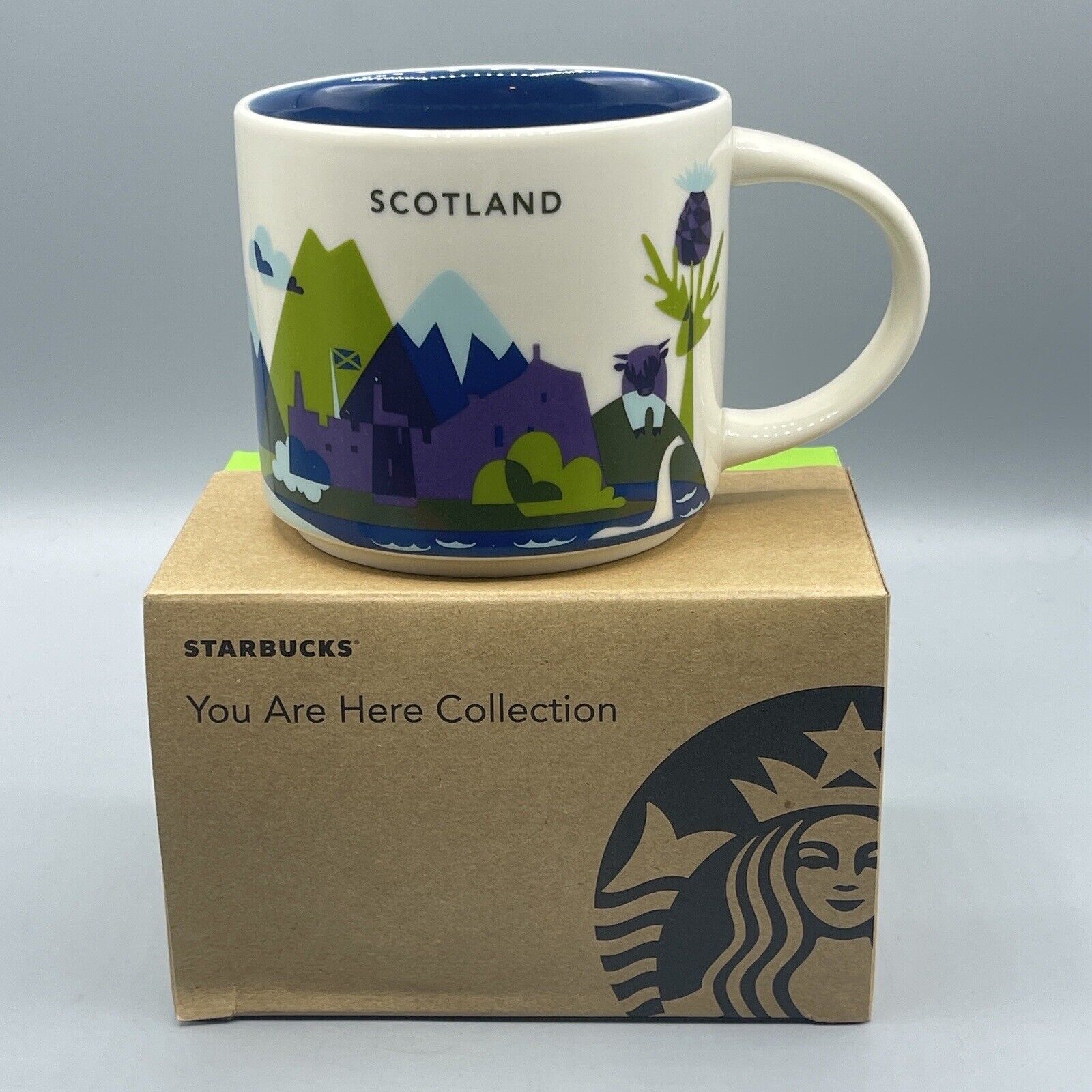 Starbucks Mug You Are Here Scotland YAH Coffee 14oz Box Thistle Bagpipes Whisky