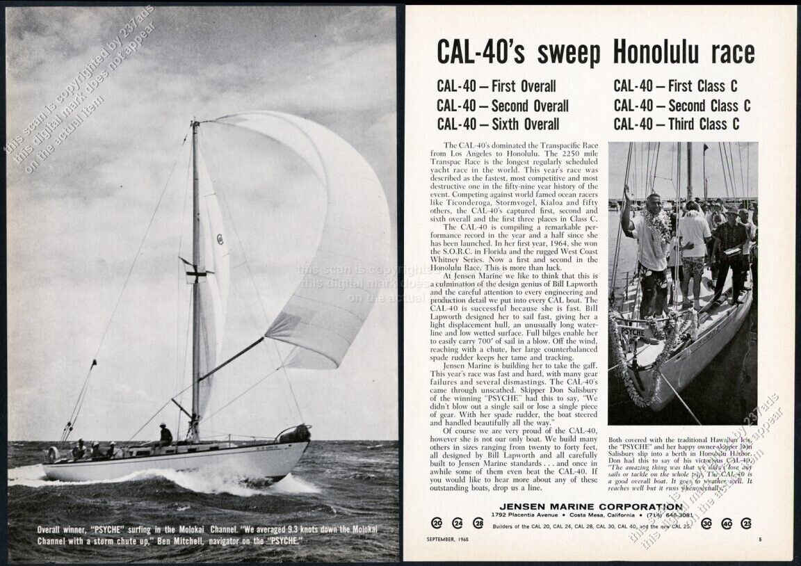 1965 Cal 40 racing yacht Psyche Don Salisbury photo Jensen Marine vtg print ad