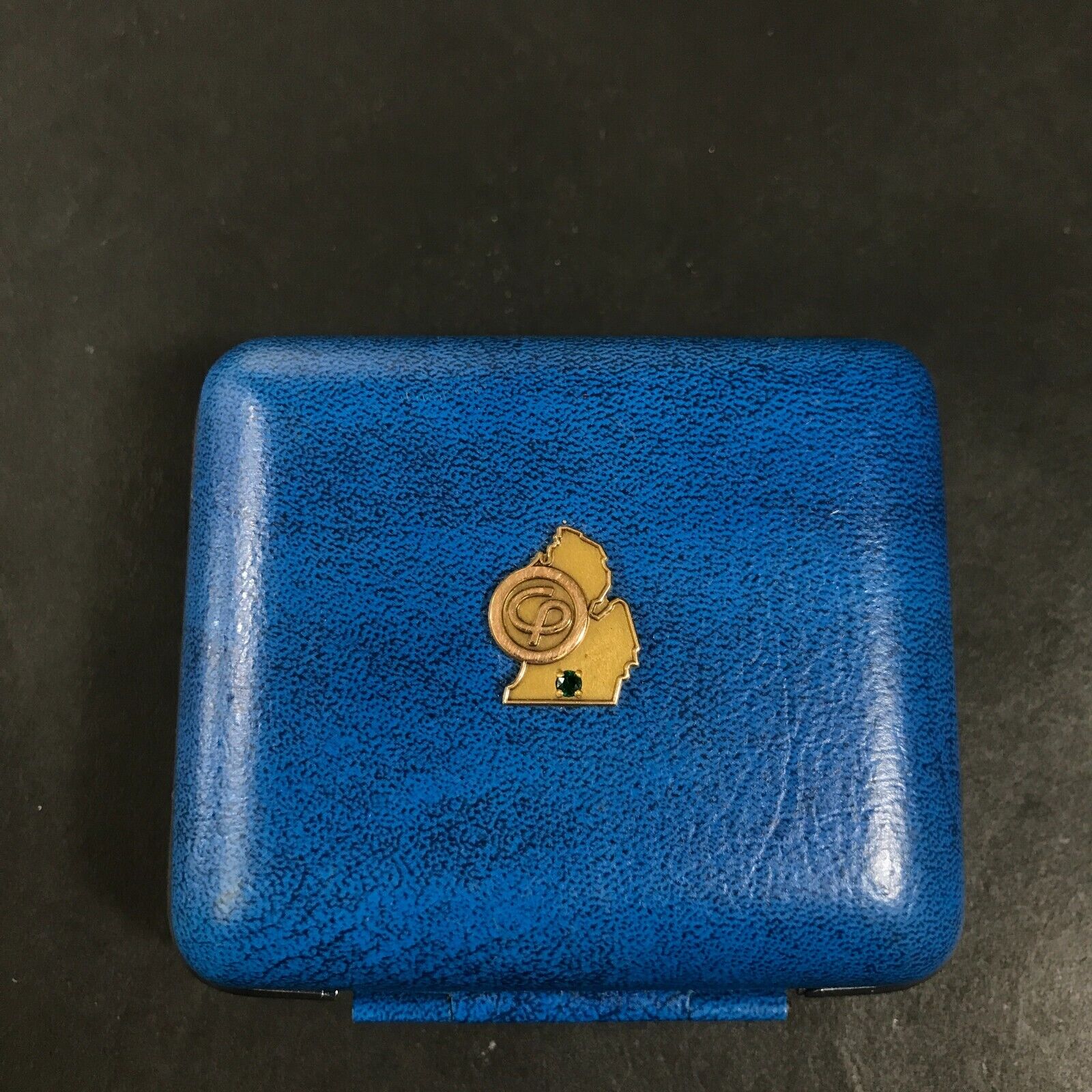 Vintage Bulova Travel Clock Blue Case with Yellow Gold Michigan CP Logo Emerald