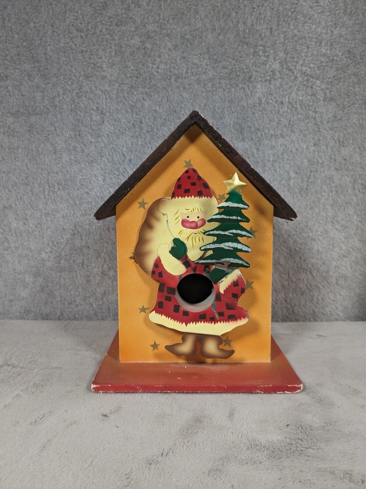 Vintage Christmas Holiday Birdhouse With Hand Painted Santa Holding a Tree