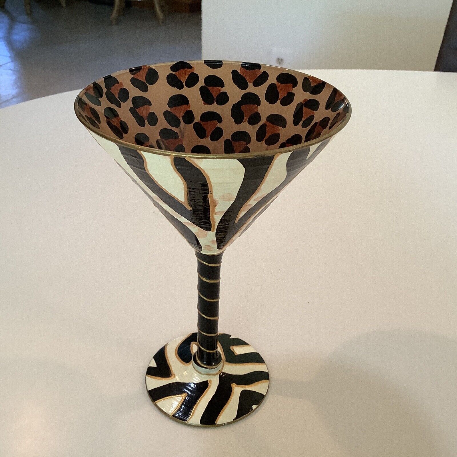 Vintage Cool-Ade Martini Glass Hand painted Signed Leopard Zebra  WOW