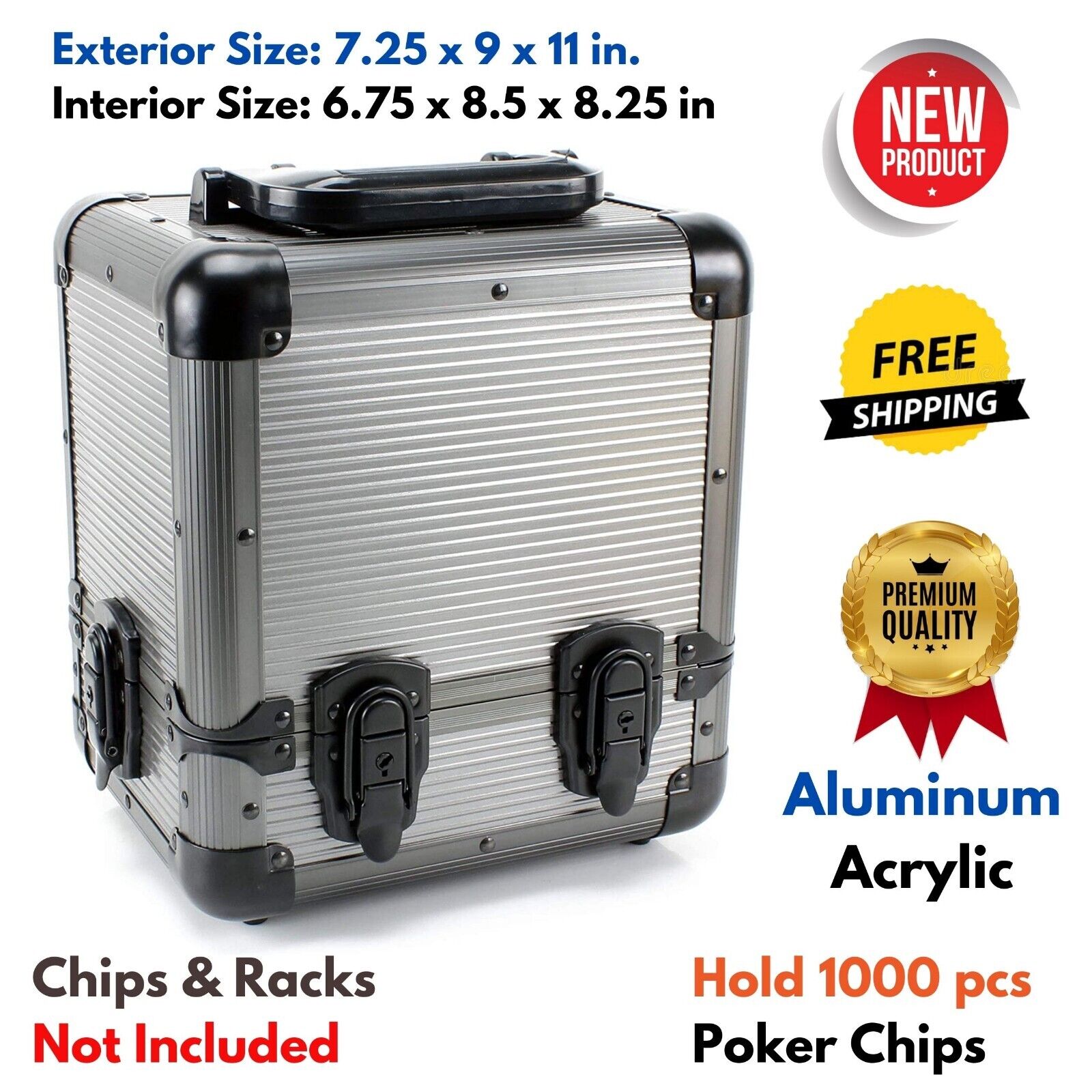 Aluminum Poker Chip Storage Case Carrier w/Locking Latch 1000 Pcs Chips Travel